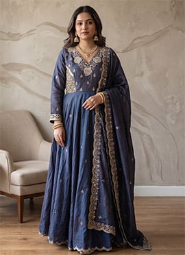 Blue Vichitra Silk Embroidered Sequins Beads Anarkali Suit
