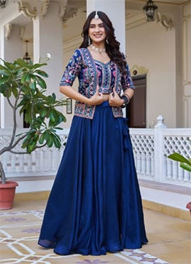 Blue Vichitra Silk Embroidered Sequins Indowestern Jacket Skirt Set