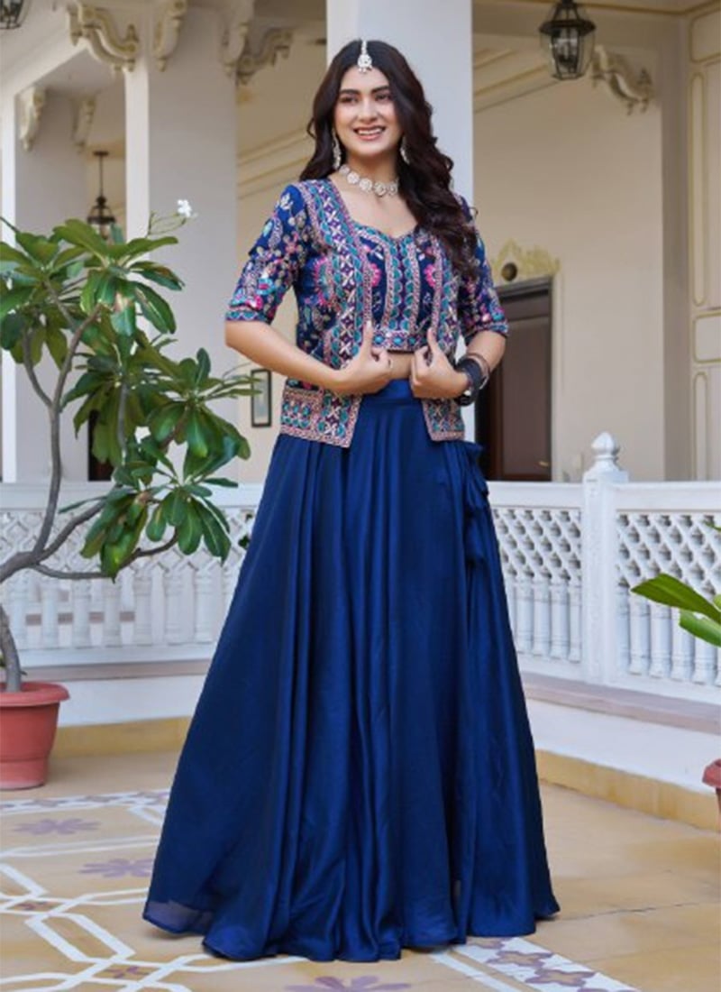 Blue Vichitra Silk Embroidered Sequins Indowestern Jacket Skirt Set Wedding Wear