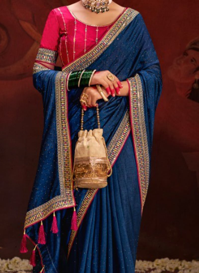 Women's Vichitra Silk Blue Embroidered Designer Saree With Blouse Piece