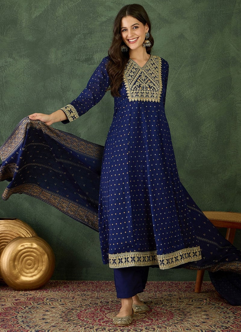Blue Vichitra Silk Embroidered Sequins Straight Pant Suit Festive Wear