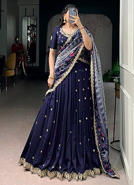 Blue Vichitra Silk Sequins And Embroidered Lehenga