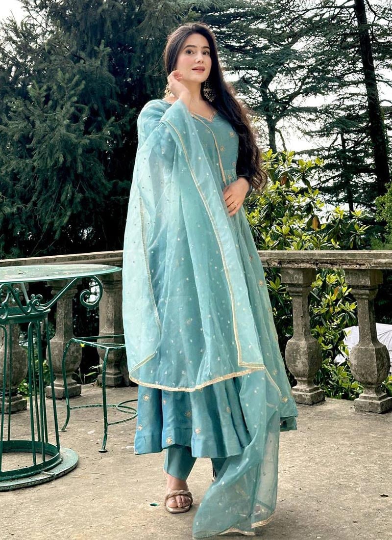 Blue Vichitra Silk Sequins And Zari Anarkali Suit Festive Wear