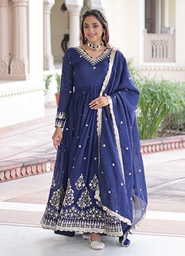 Blue Vichitra Silk Sequins Embroidered Anarkali Suit