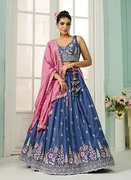 Blue Vichitra Silk Sequins Stones Embroidered Cut Work Umbrella Lehenga Wedding Wear