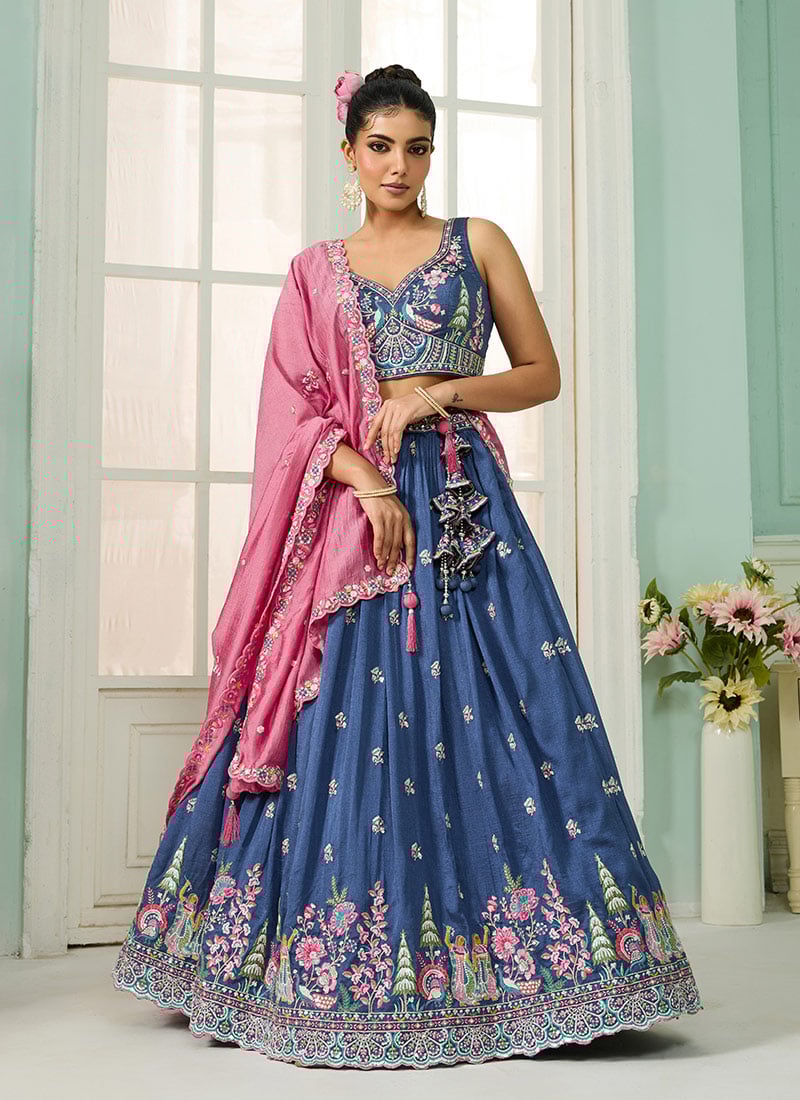 Blue Vichitra Silk Sequins Stones Embroidered Cut Work Umbrella Lehenga Wedding Wear