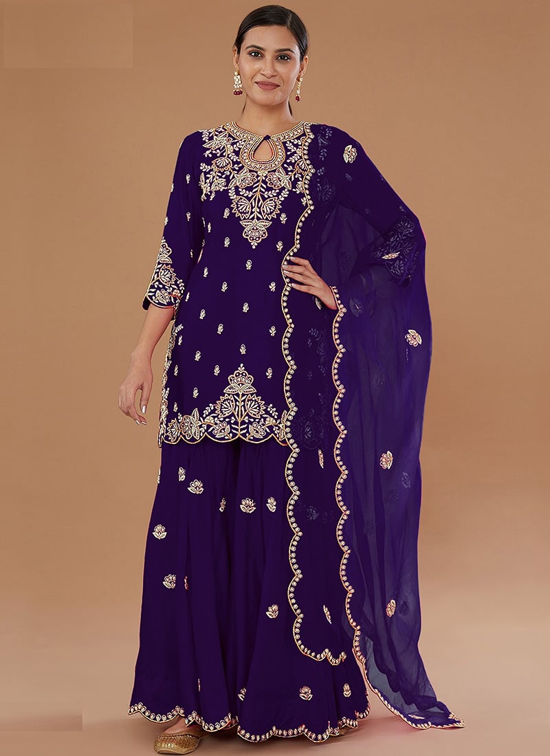 Blue Vichitra Silk Zari And Embroidered Sequins Palazzo Suit Festive Wear