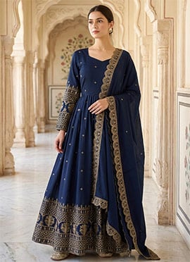 Blue Vichitra Silk Zari Embroidered Sequins Anarkali Suit