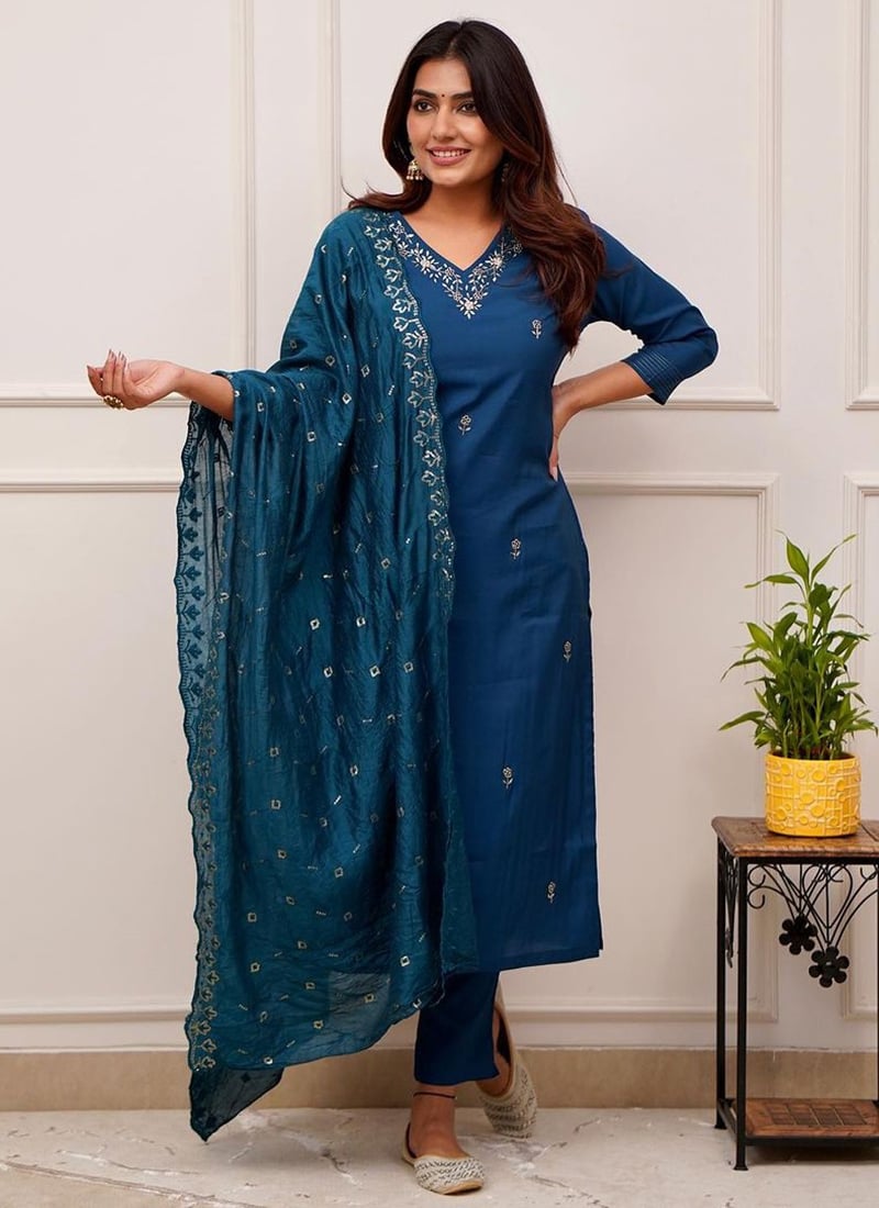 Blue Viscose Chanderi Embroidered Sequins Straight Pant Suit After Six Wear