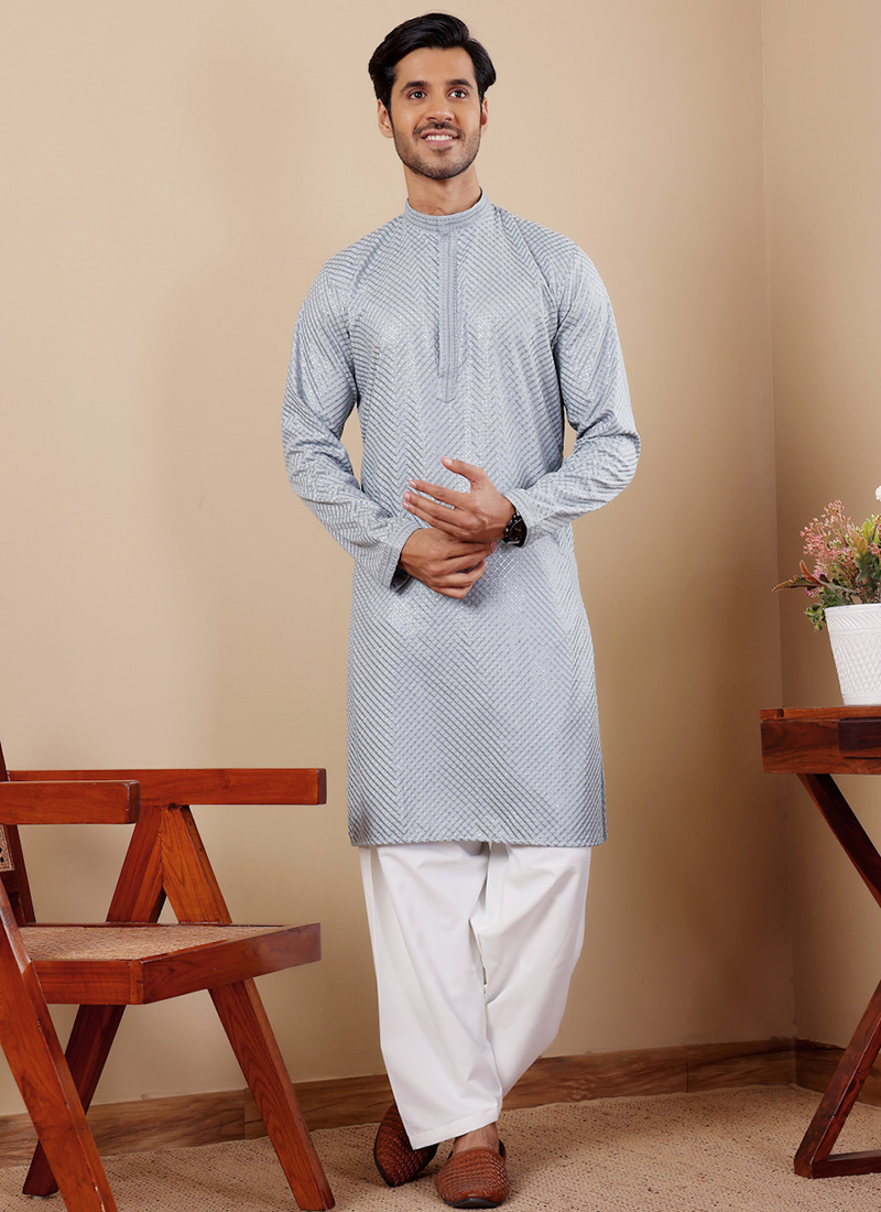Blue Viscose Chikankari Embroidery Kurta Pyjama Festive Wear