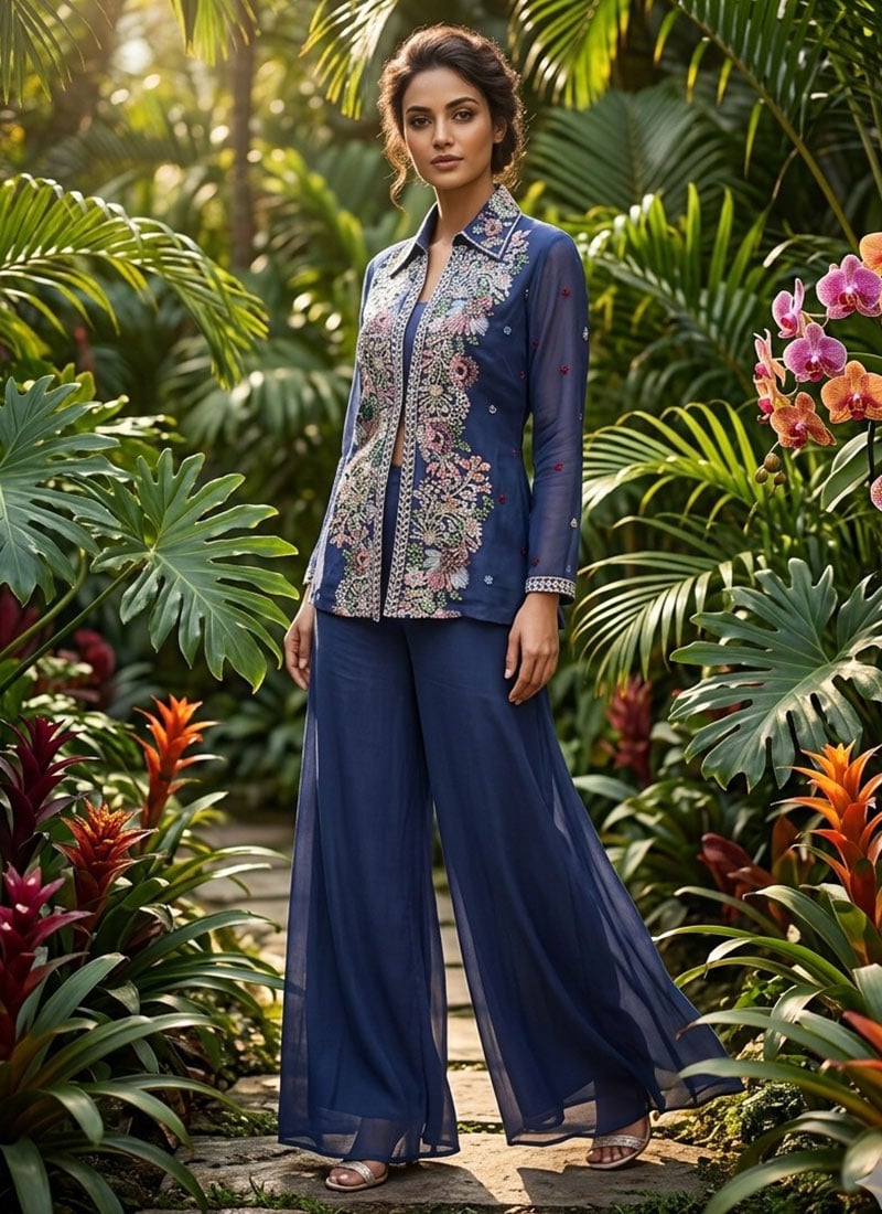 Blue Viscose Chinon Zari Hand Embroidered Sequins Indowestern Palazzo Jacket Set Wedding Wear