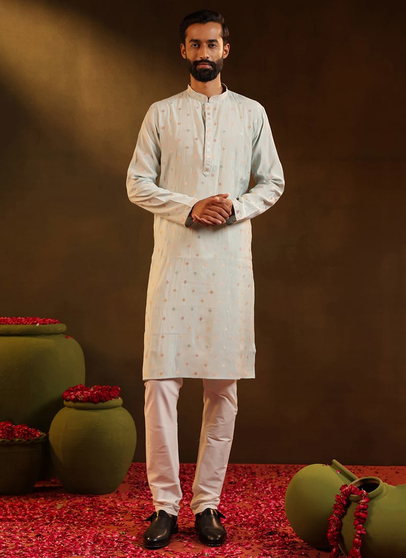 Blue Viscose Embroidered Kurta Pyjama Festive Wear