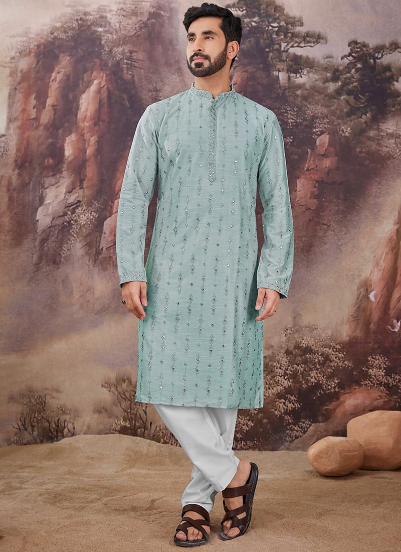 Blue Viscose Embroidered Mirror Work Kurta Pyjama Festive Wear