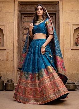Blue Viscose Floral Printed Embroidered Zari Lehenga