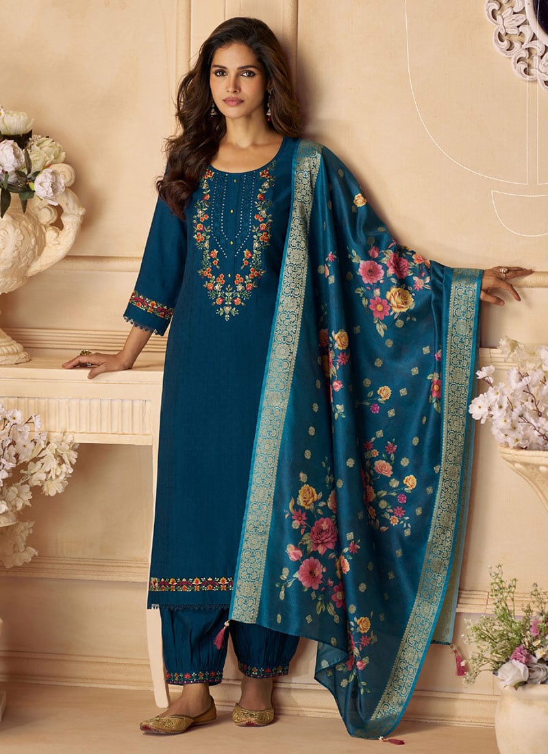 Blue Viscose Hand Work Sequins Afghani Salwar Suit With Digital Print Dupatta Festive Wear
