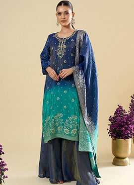 Blue Viscose Jacquard Hand Embroidered Palazzo Suit