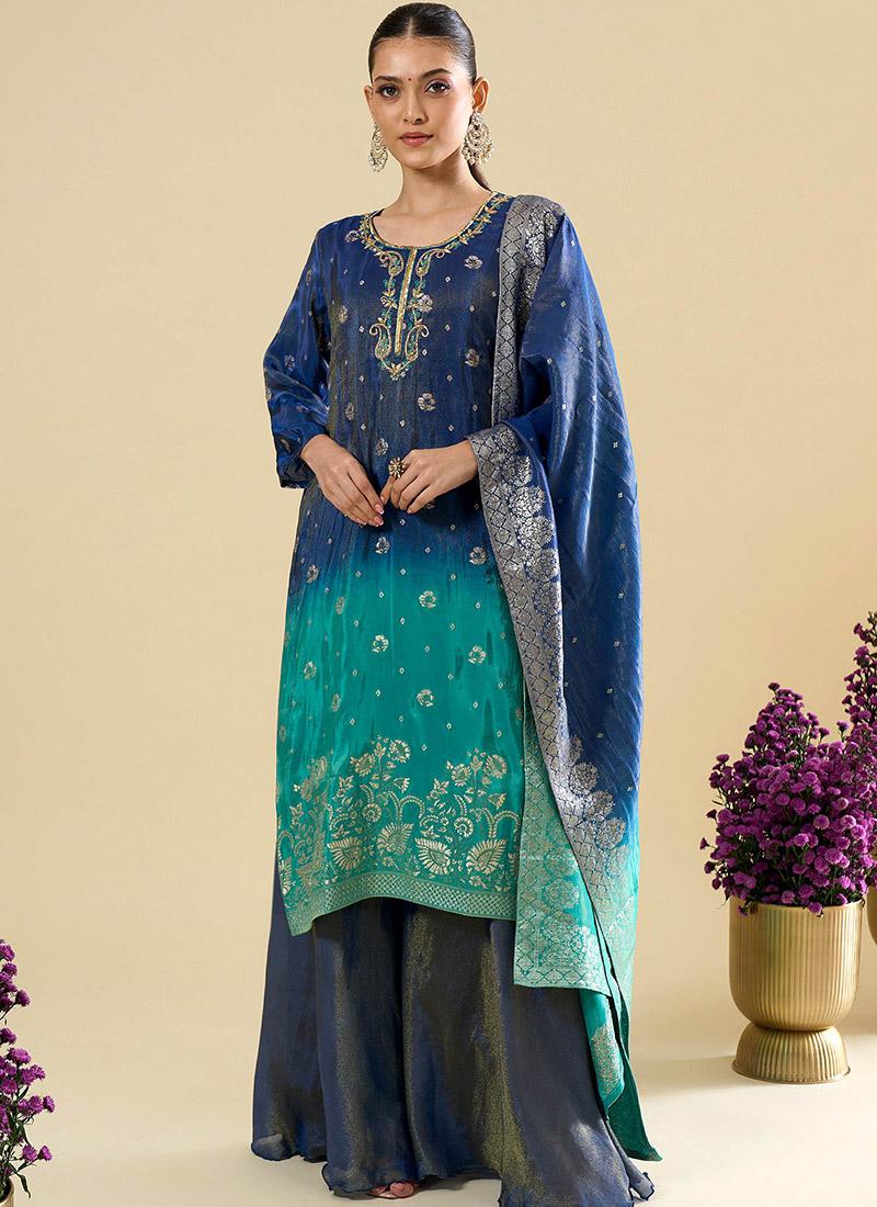 Blue Viscose Jacquard Hand Embroidered Palazzo Suit Festive Wear