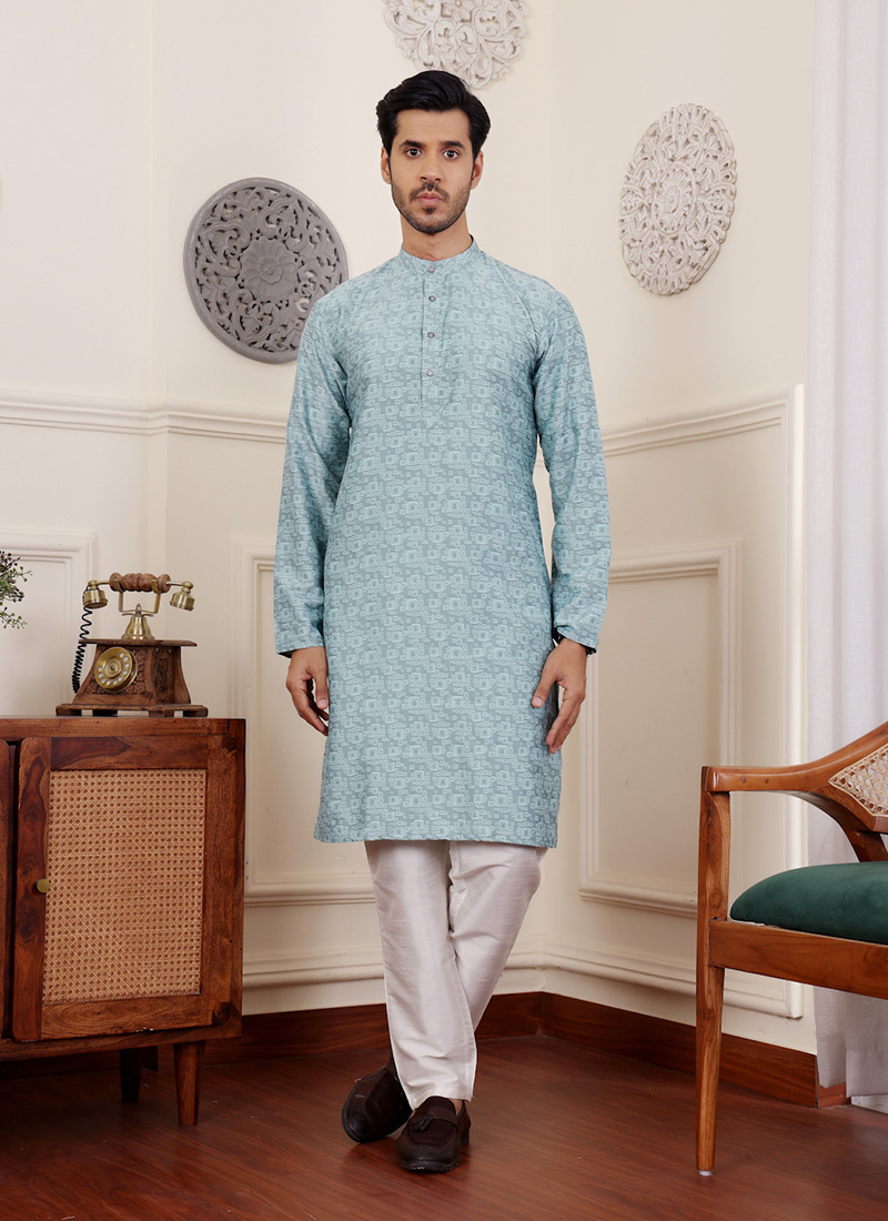 Blue Viscose Jacquard Kurta