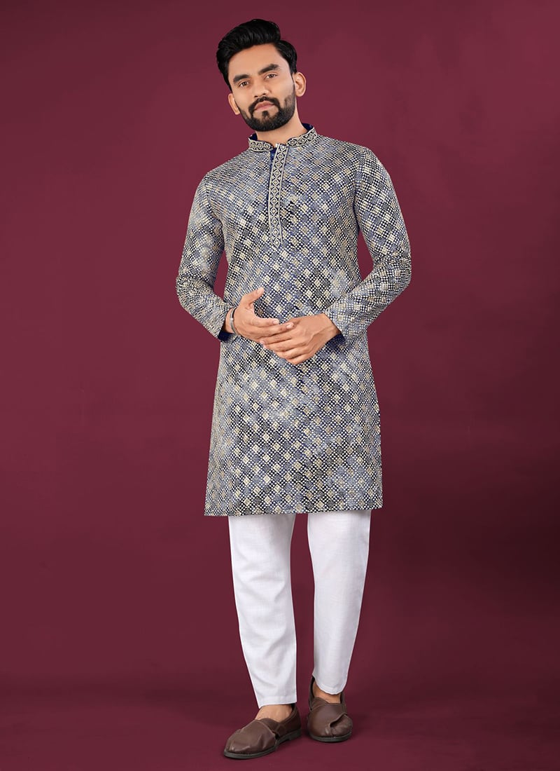 Blue Viscose Rayon Lucknowi Chikankari Sequins Kurta Pyjama Festive Wear
