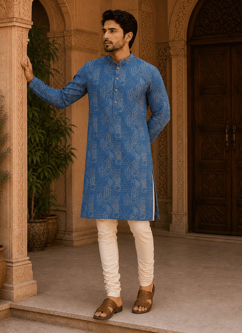Blue Viscose Rayon Printed Kurta For Men