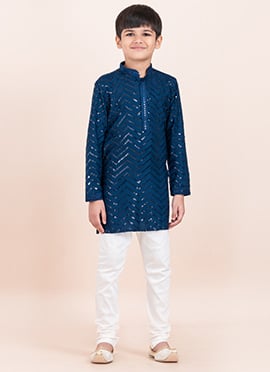 Blue Viscose Rayon Sequins Kids Boys Kurta Pyjama
