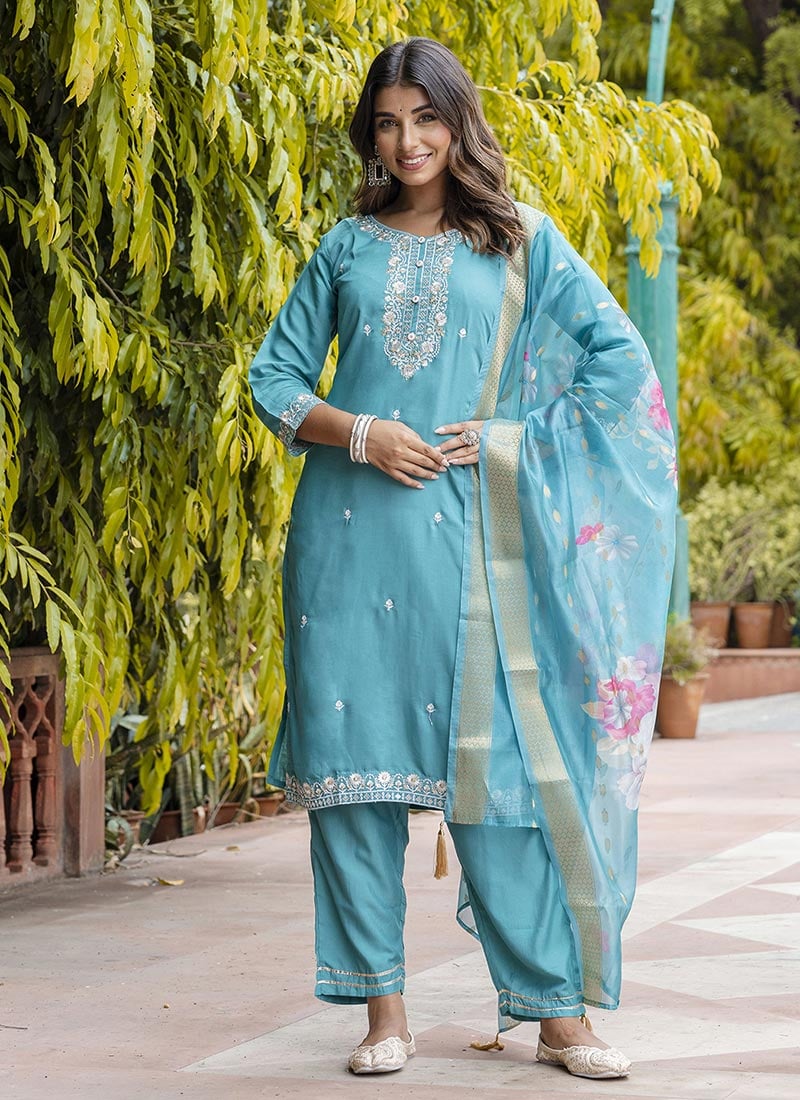 Blue Viscose Roman Silk Zari Embroidered Sequins Digital Print Straight Pant Suit Festive Wear