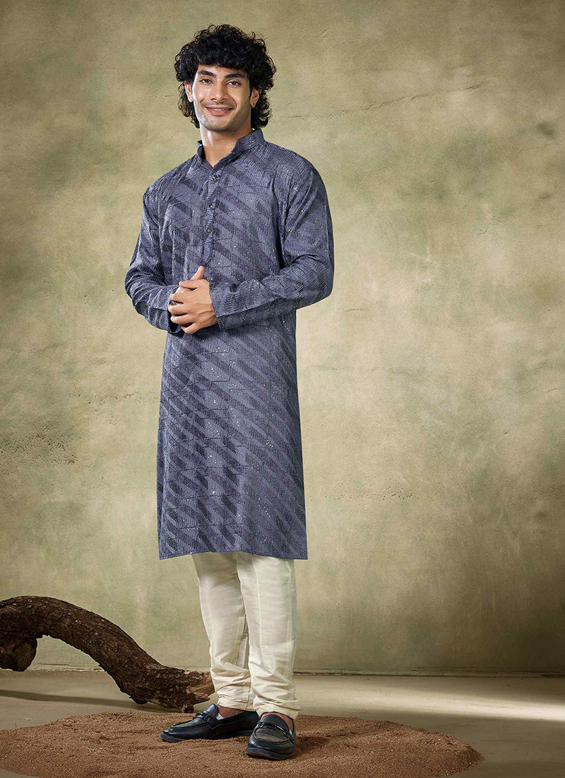 Blue Viscose Sequins Kurta Pyjama Festive Wear