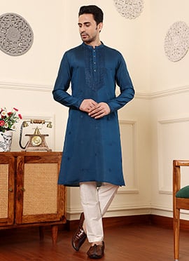Blue Viscose Silk Embroidered Kurta Pyjama