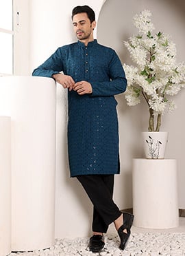 Blue Viscose Silk Embroidered Sequin Kurta For Men