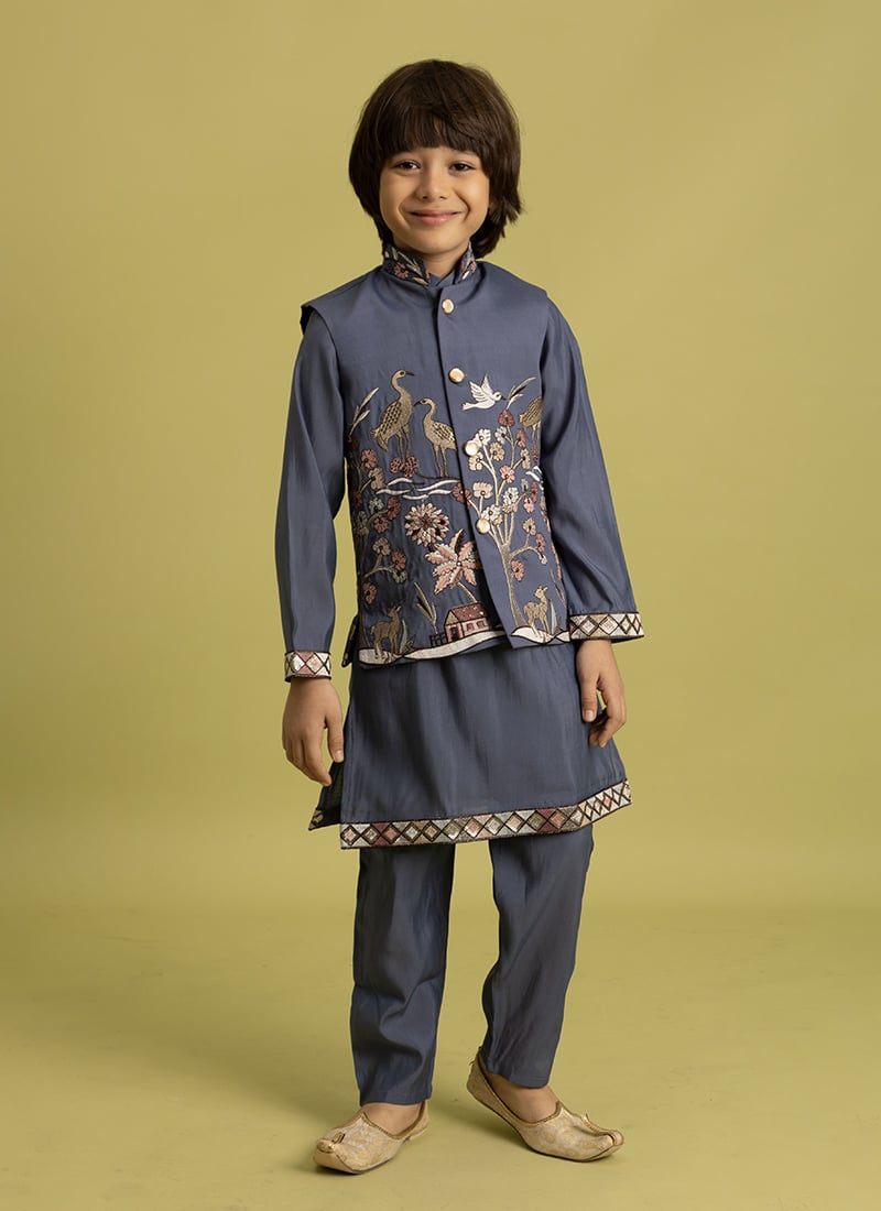Blue Viscose Silk Embroidered Sequins Kids Boys Bandi Set Festive Wear