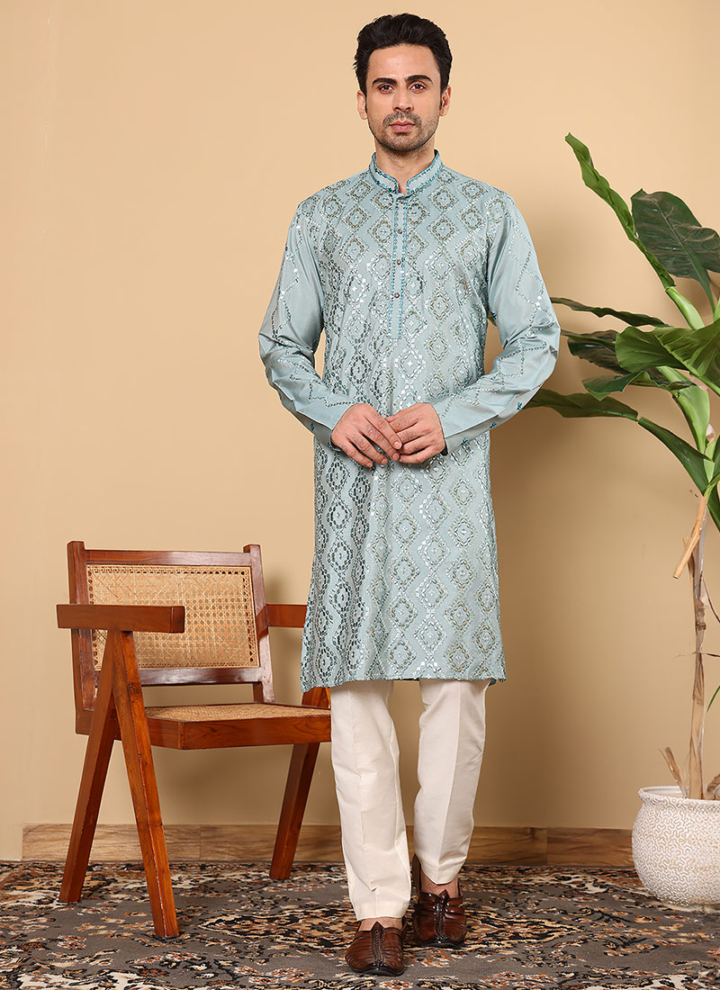 Blue Viscose Silk Embroidered Sequins Kurta Pyjama Festive Wear