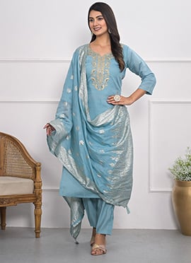 Blue Viscose Silk Embroidered Straight Pant Suit