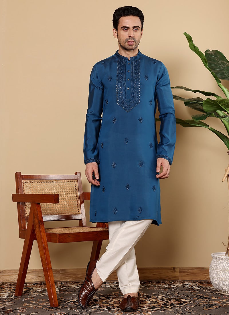 Blue Viscose Silk Sequin Embroidered Kurta Pyjama Festive Wear