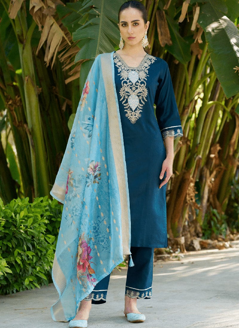 Blue Viscose Straight Pant Suit With Embroidered And Sequins For Women After Six Wear