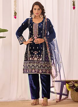 Blue Viscose Velvet Embroidered Sequins Straight Pant Suit