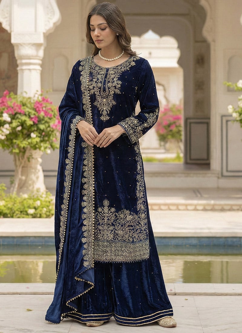 Blue Viscose Velvet Sequins Embroidered Moti Thread Palazzo Suit Festive Wear
