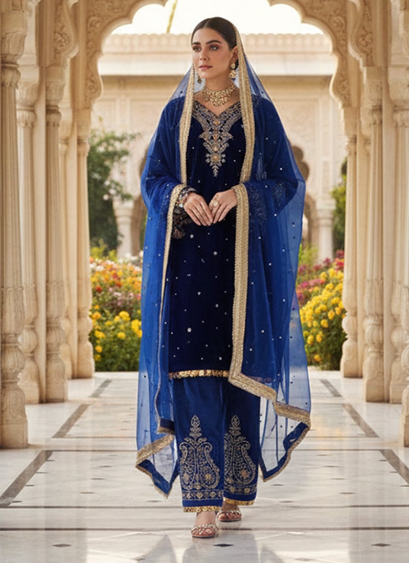 Blue Viscose Velvet Sequins With Moti Work Straight Pant Suit Festive Wear