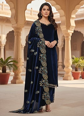 Blue Viscose Velvet Zari Embroidered Sequins Straight Pant Suit