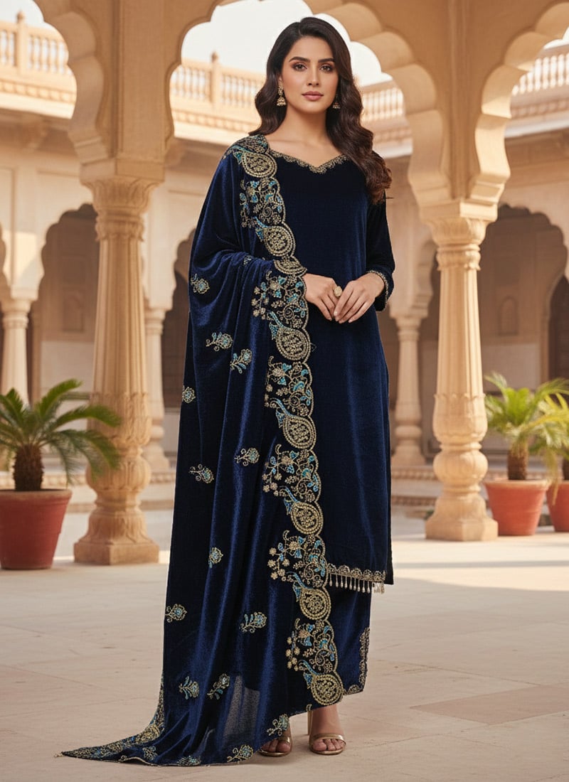 Blue Viscose Velvet Zari Embroidered Sequins Straight Pant Suit Festive Wear