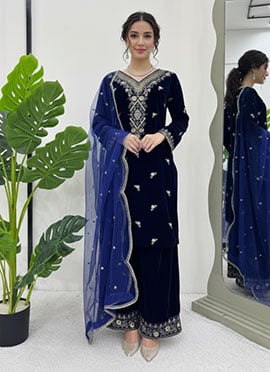 Blue Viscose Velvet Zari Sequins Palazzo Suit