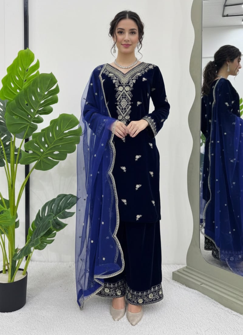 Blue Viscose Velvet Zari Sequins Palazzo Suit Festive Wear