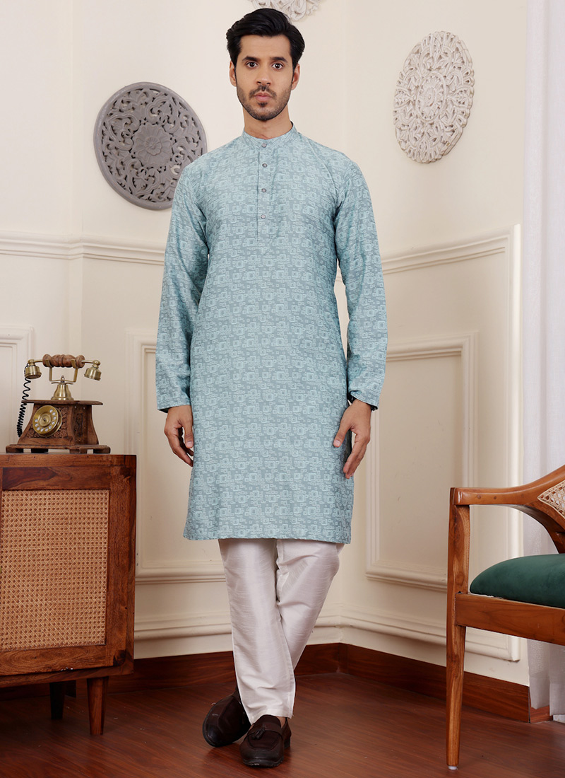 Blue Viscose Woven Jacquard Kurta Pyjama Festive Wear