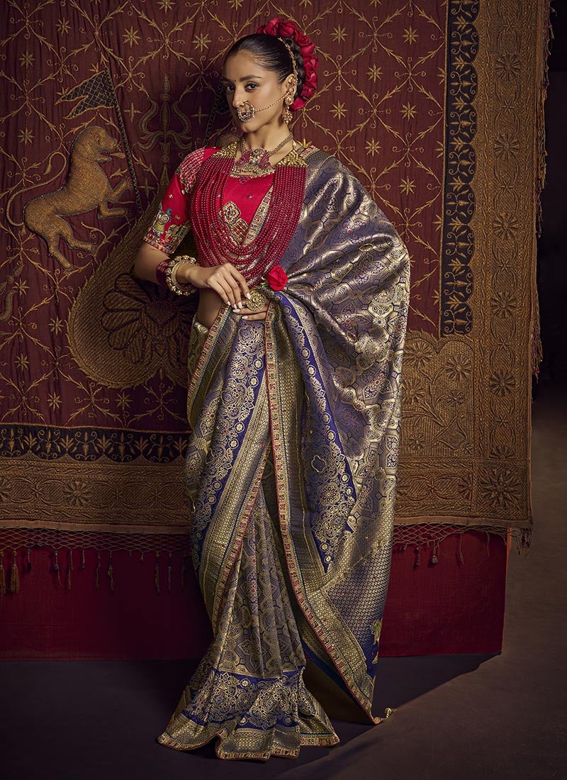 Blue Viscose Zari Hand Embroidered Sequins Saree Wedding Wear