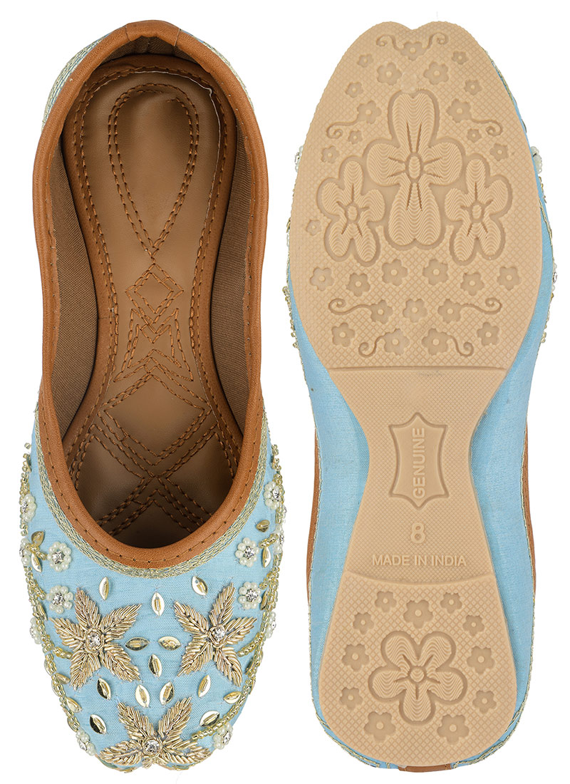 Blue Zardosi Hand Embroidered With Beads Work Juti