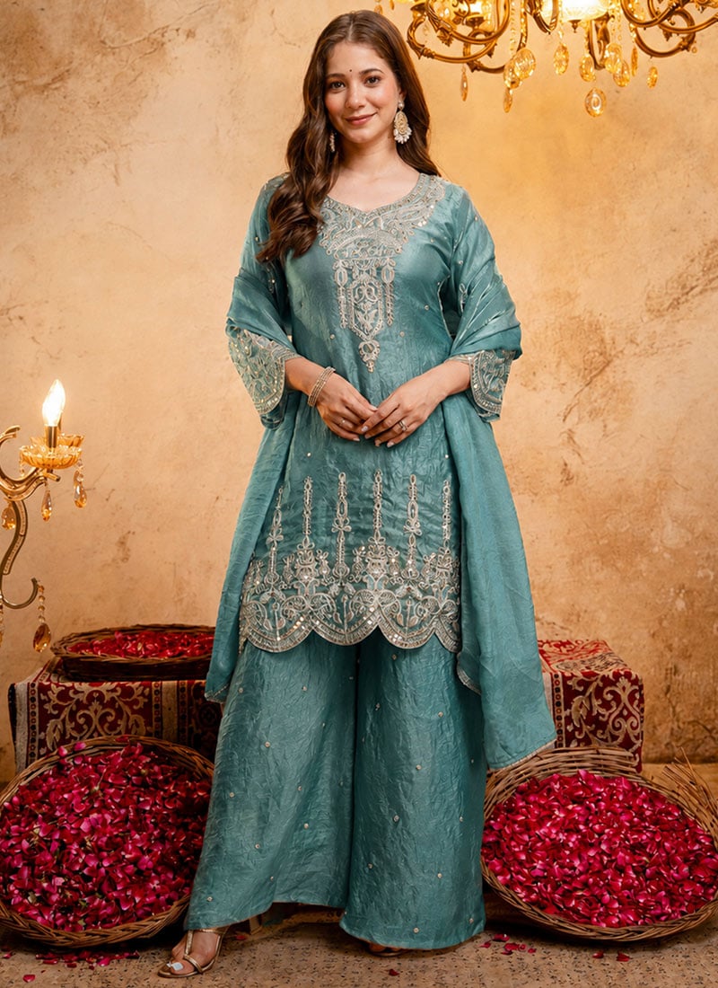 Blue Zari Embroidered Sequins Silk Fandy Silk Palazzo Suit Festive Wear