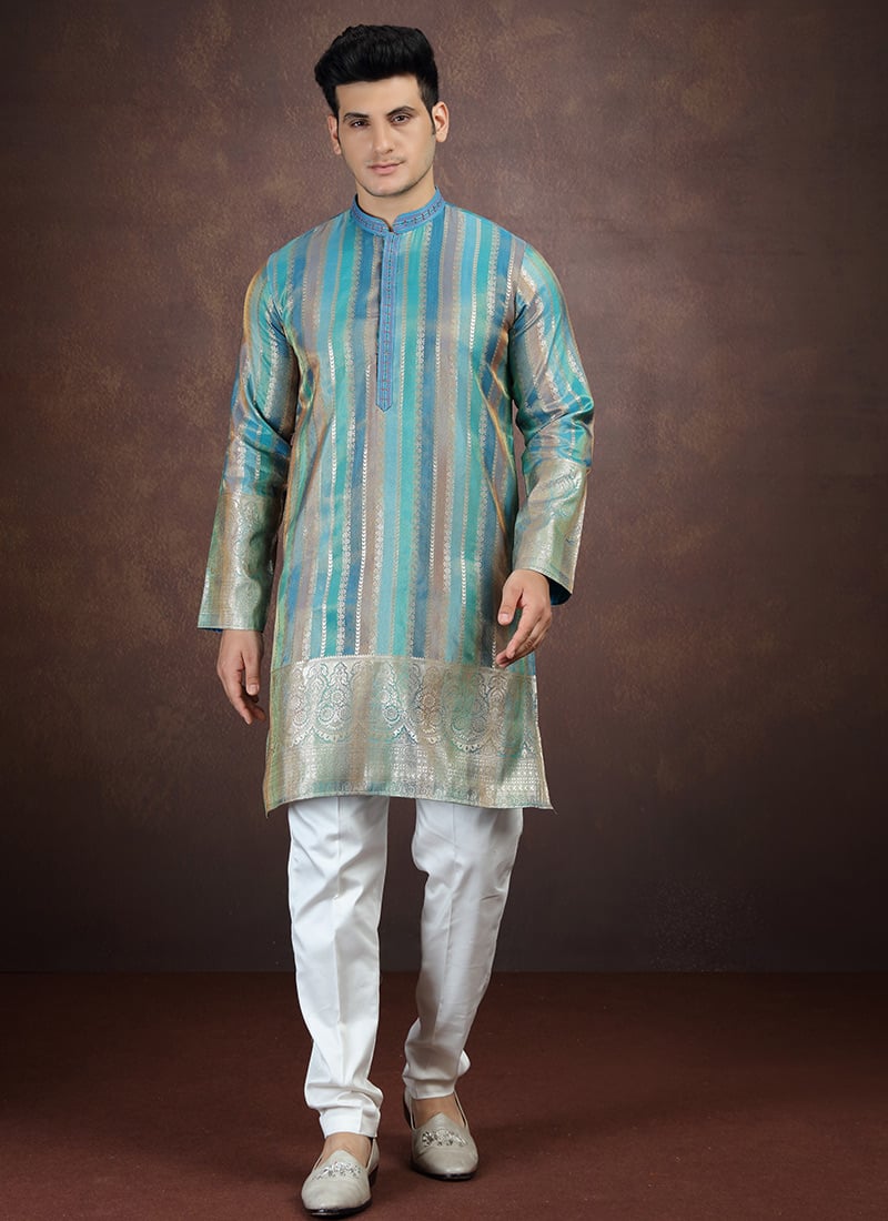 Blue Zari Silk Kurta Pyjama Festive Wear