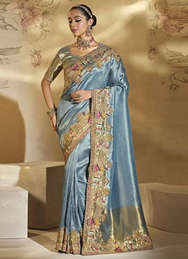 Blue Ziraf Silk Zari Beads Sequins Embroidered Thread Cutdana Saree