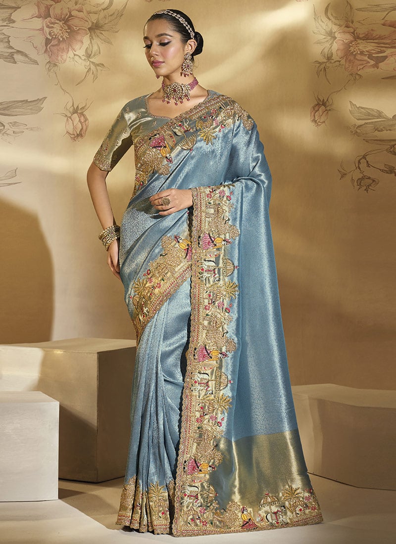 Blue Ziraf Silk Zari Beads Sequins Embroidered Thread Cutdana Saree Wedding Wear
