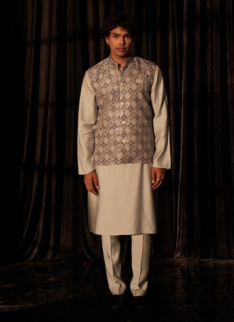 Bluish Grey Viscose Embroidered Woven Bandi Set Festive Wear