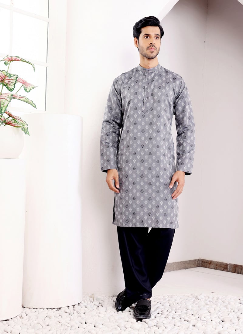 Bluish Grey Viscose Jacquard Kurta